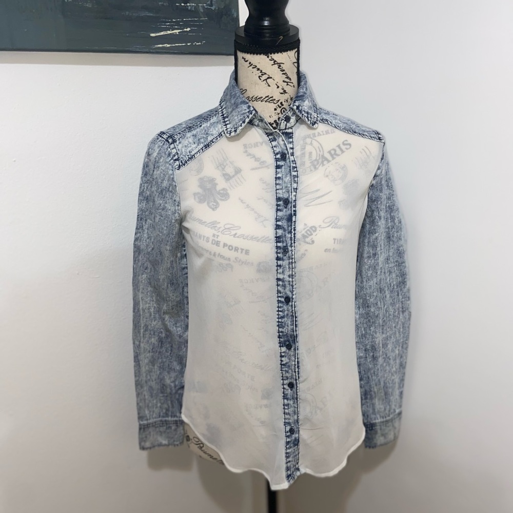 Aèropostale Button Down Denim & Chiffon Long Sleeve Shirt